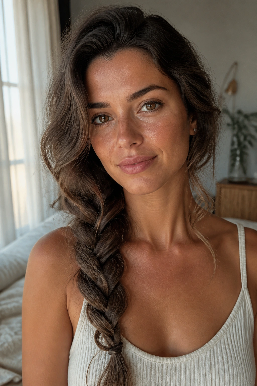 Close-up of a real woman with a loose rope braid over one shoulder in warm window light