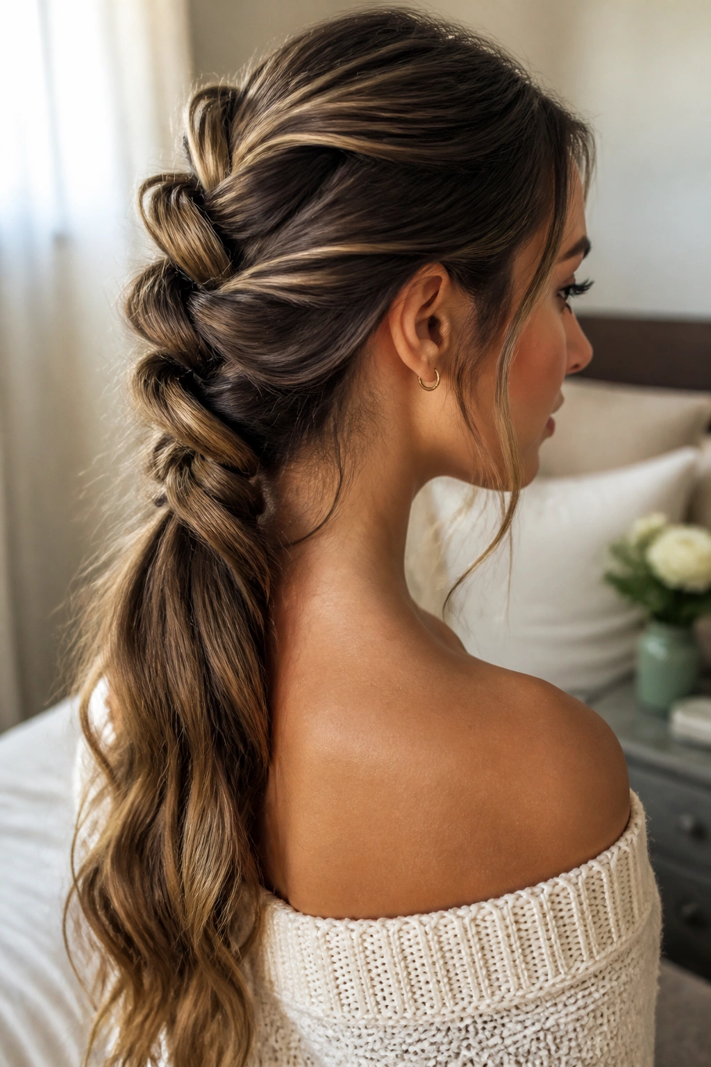 Close-up of a real woman with a rope braid along the back of her head in soft window light