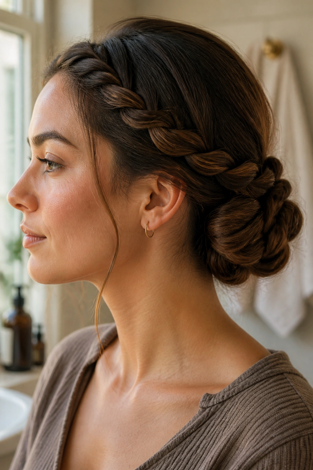 Close-up portrait of a real woman with a Rope-Braid Low Bun hairstyle at the nape