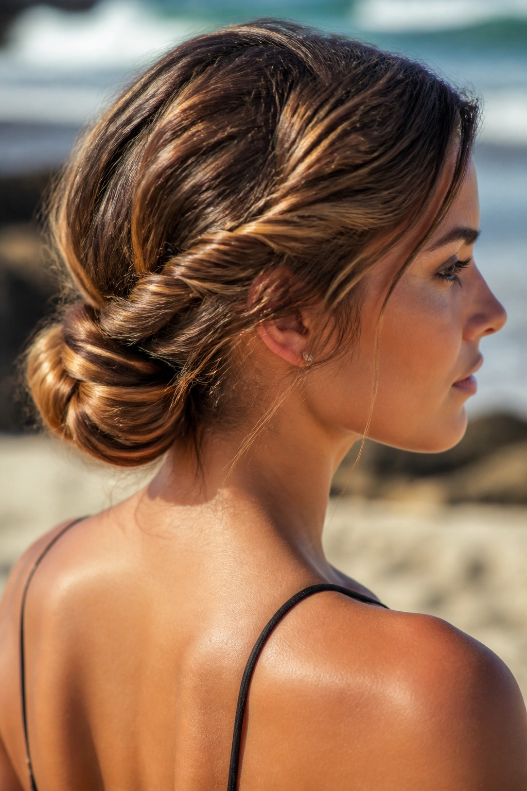 Woman with rope-braid low chignon at the nape on a beach