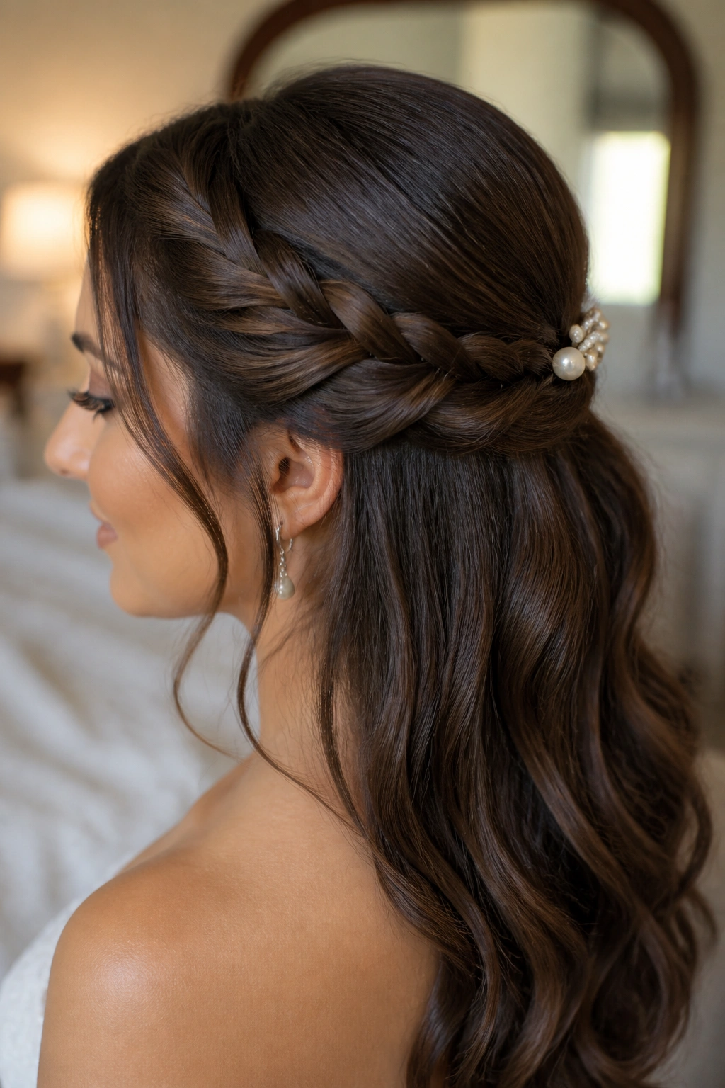 Close-up of a real bride with a rope braid half-up and polished finish