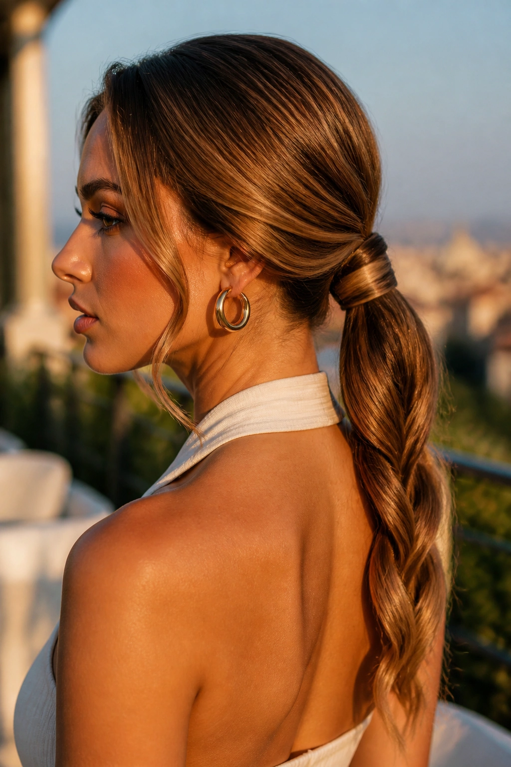 Close-up portrait of a real woman with a rope-braid ponytail at mid/low height