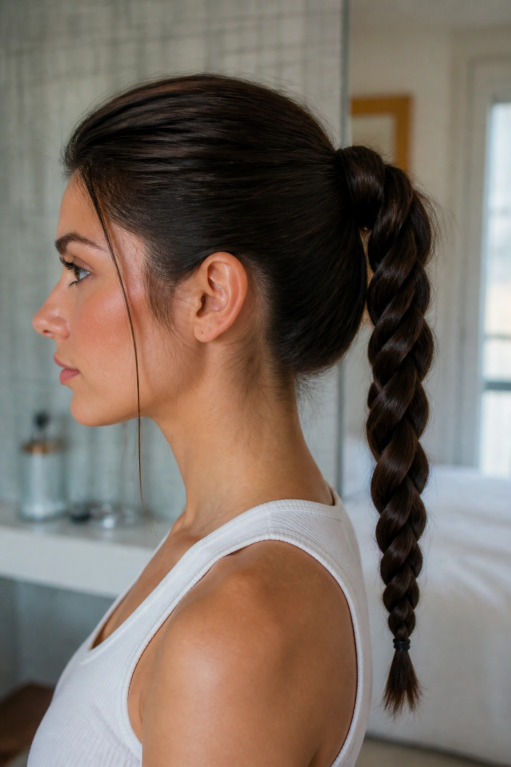 Side-profile of a woman with a rope braid wrapped around a ponytail.