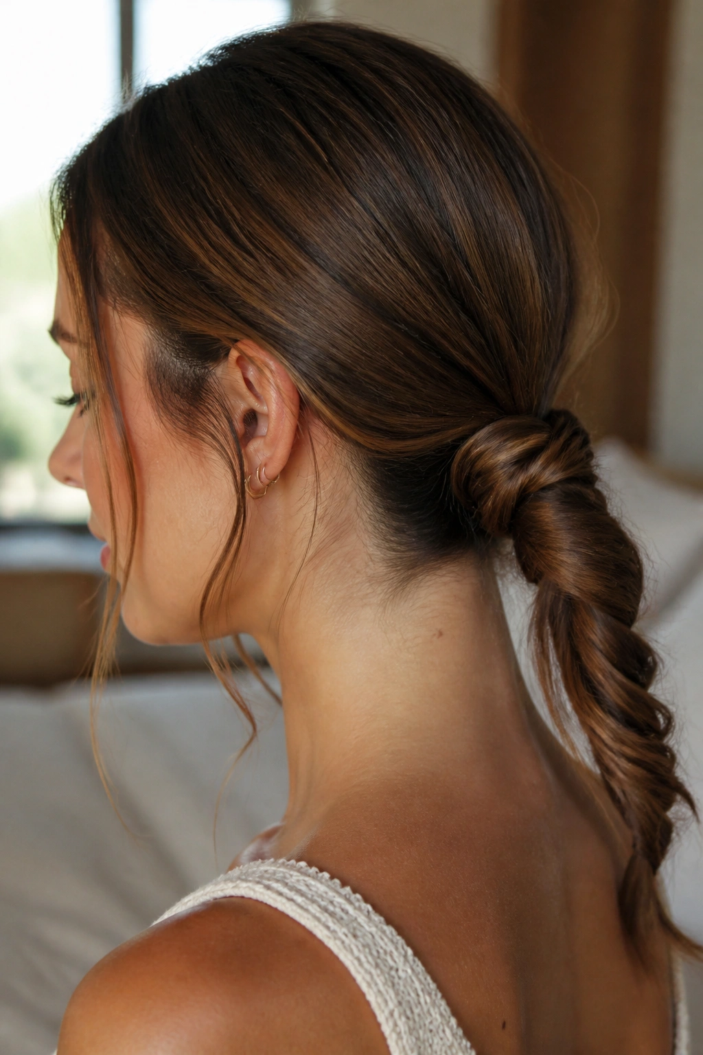 Close-up of a real woman with a rope-braided low ponytail in natural window light