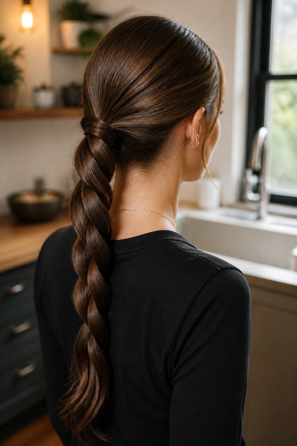 Rear view of real woman with rope braid ponytail
