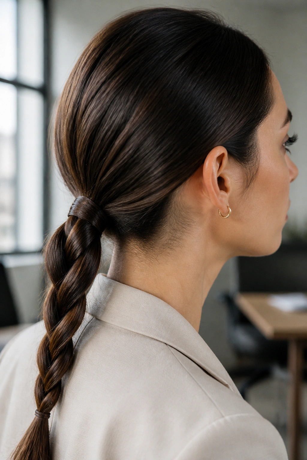 Close-up of a real woman with a rope braid ponytail in an office setting.