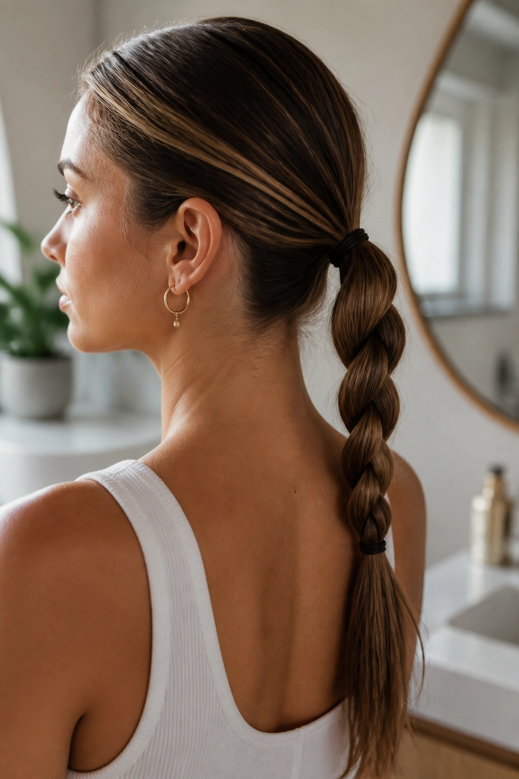 Close-up portrait of a real person with a rope braid ponytail.