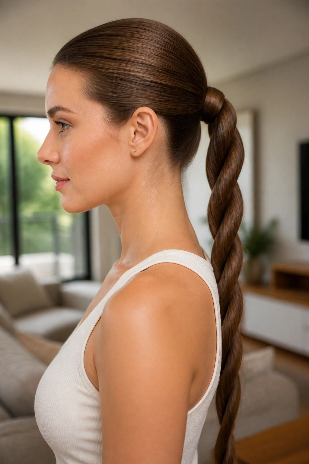 Profile view of a real woman with a rope braid ponytail and clean twist
