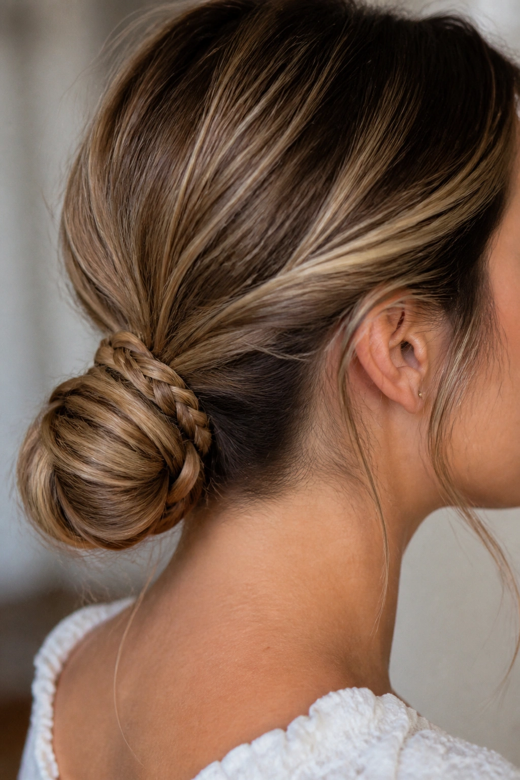 Real woman with rope-braid ponytail wrap forming a bun