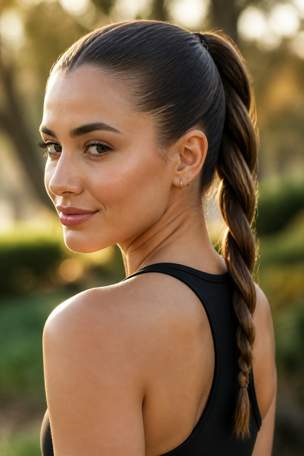 Close-up of a real person with a rope braid ponytail