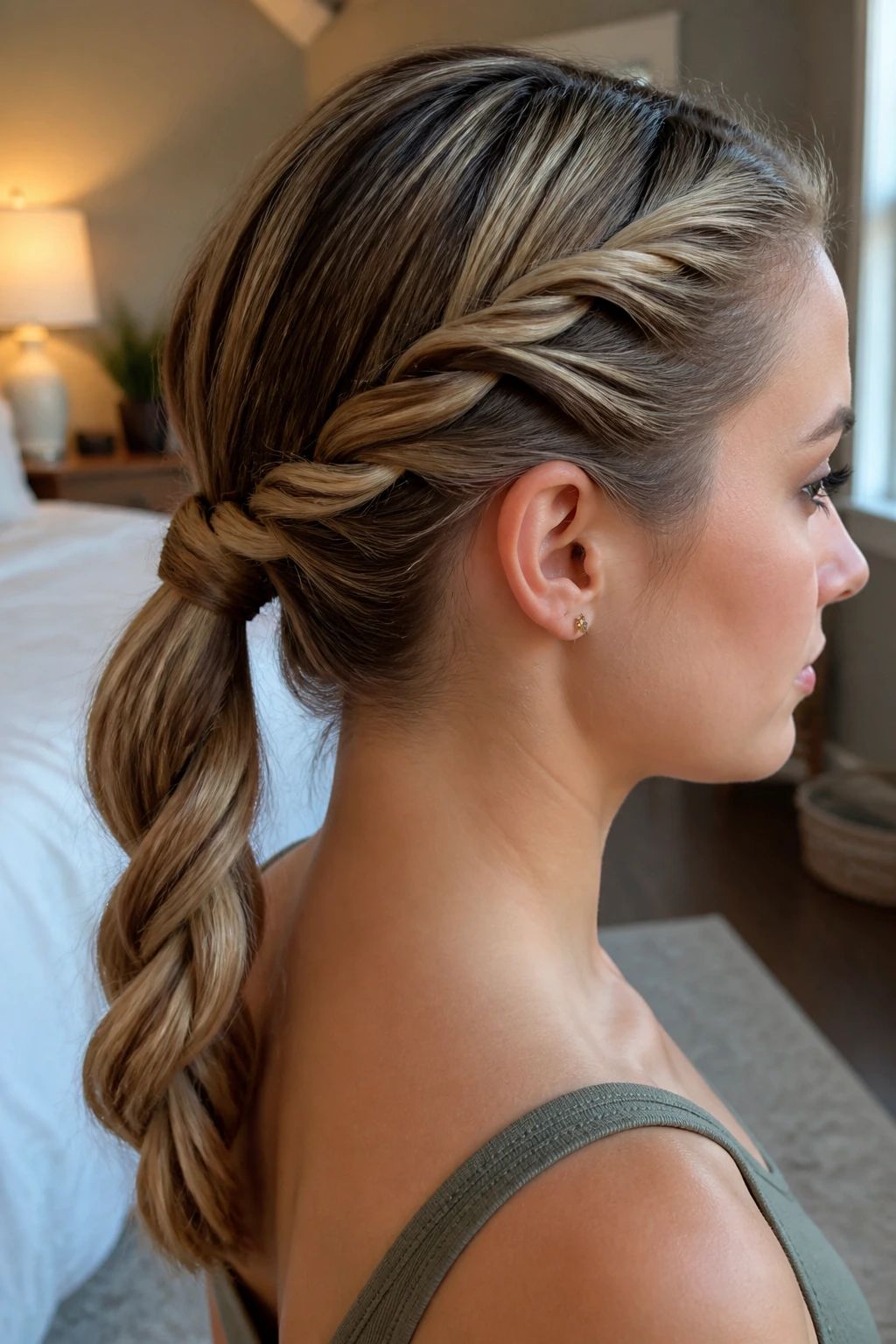 Close-up of a real woman with a rope braid ponytail forming a rope-like wrap.