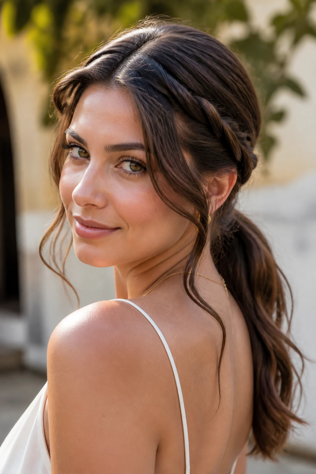 Close-up of a real woman with a rope-braid ponytail