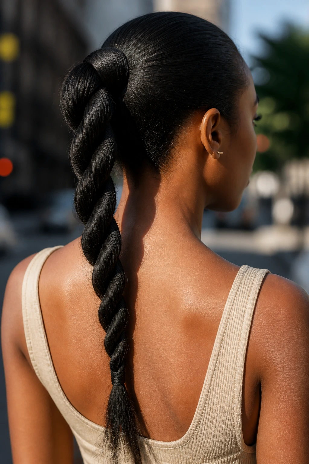 Close-up of a real woman with a rope braid ponytail against a sunlit urban backdrop