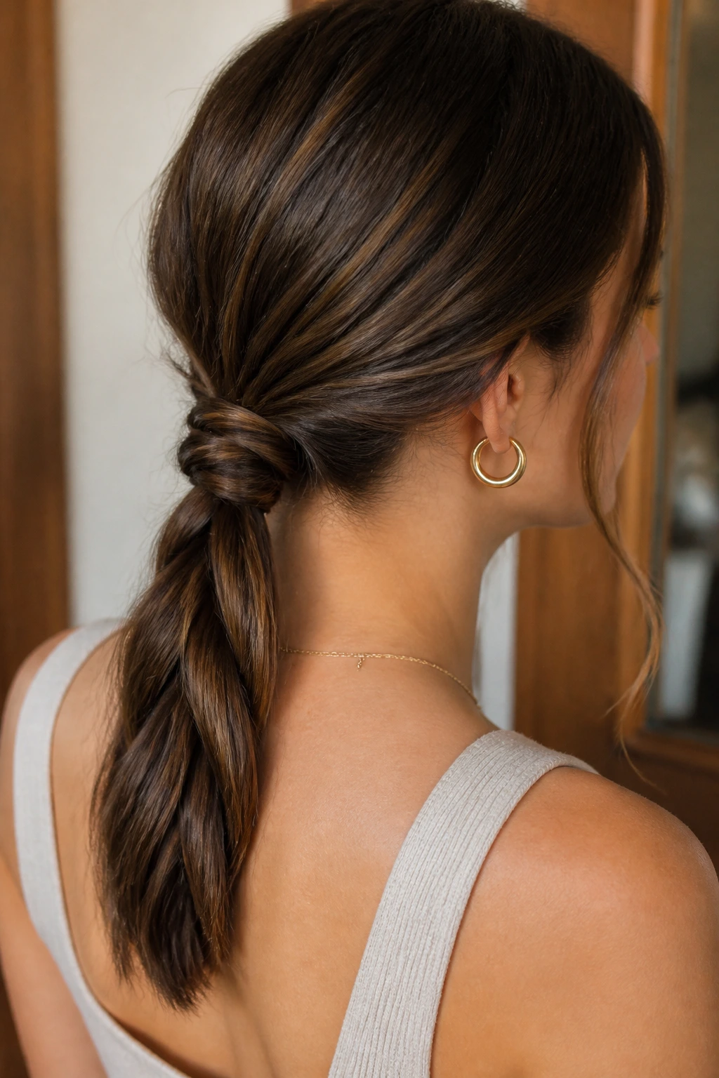 Portrait of a real person with a rope-braid low ponytail at the nape.