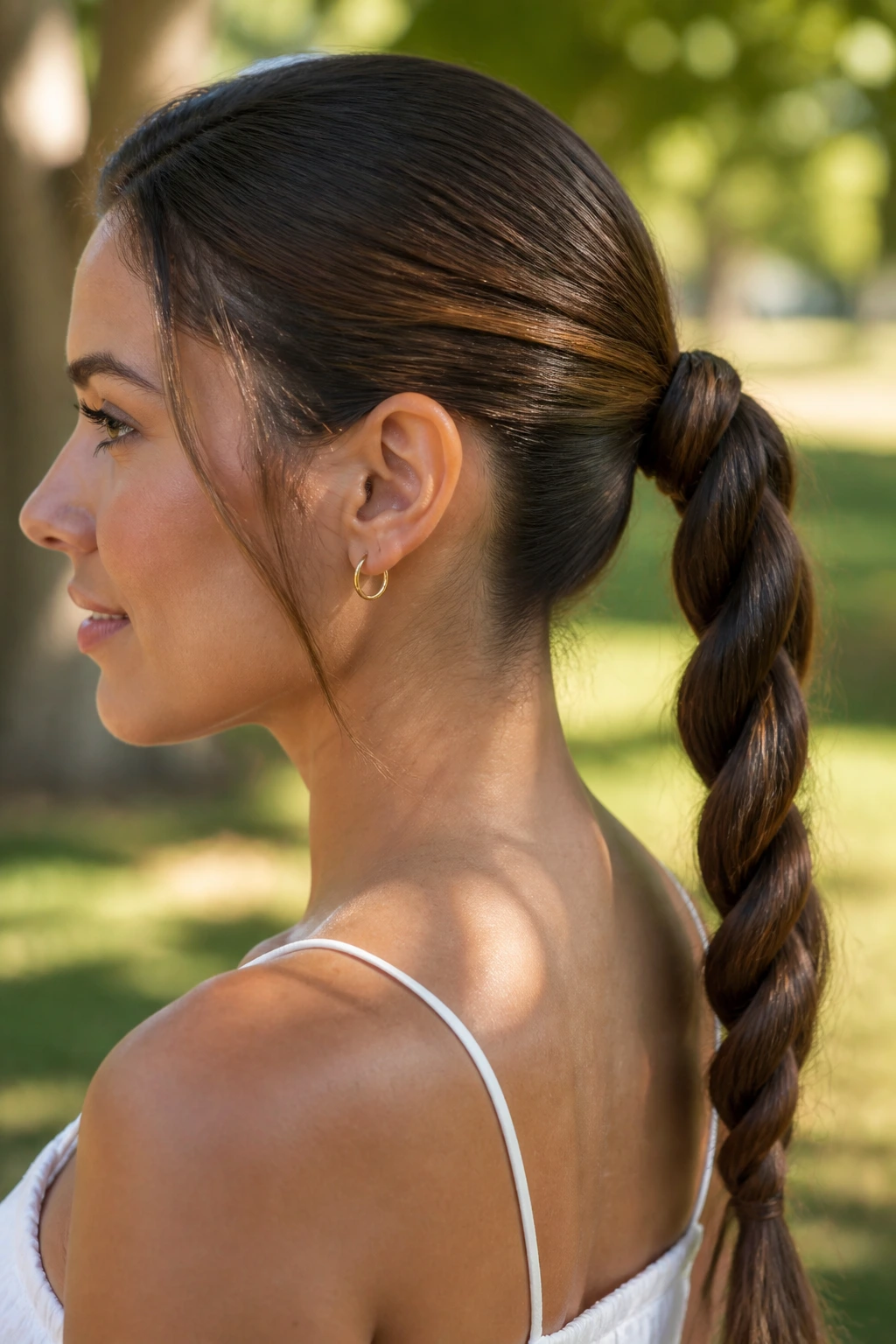 Close-up of a real woman with a rope braid ponytail in natural light outdoors