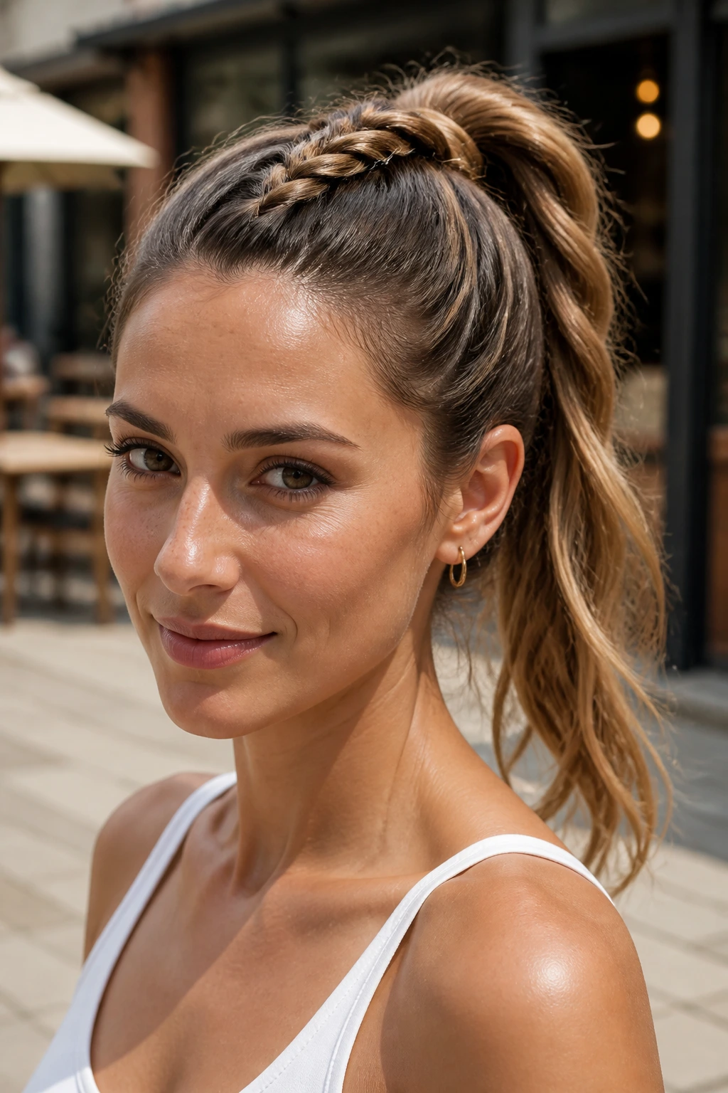 Close-up of a real woman with rope-braid ponytail