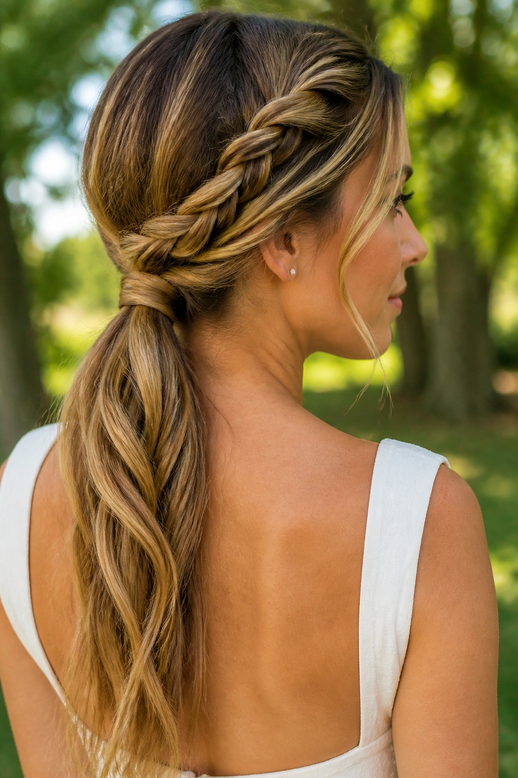 Portrait of a woman with a rope braid ponytail outdoors