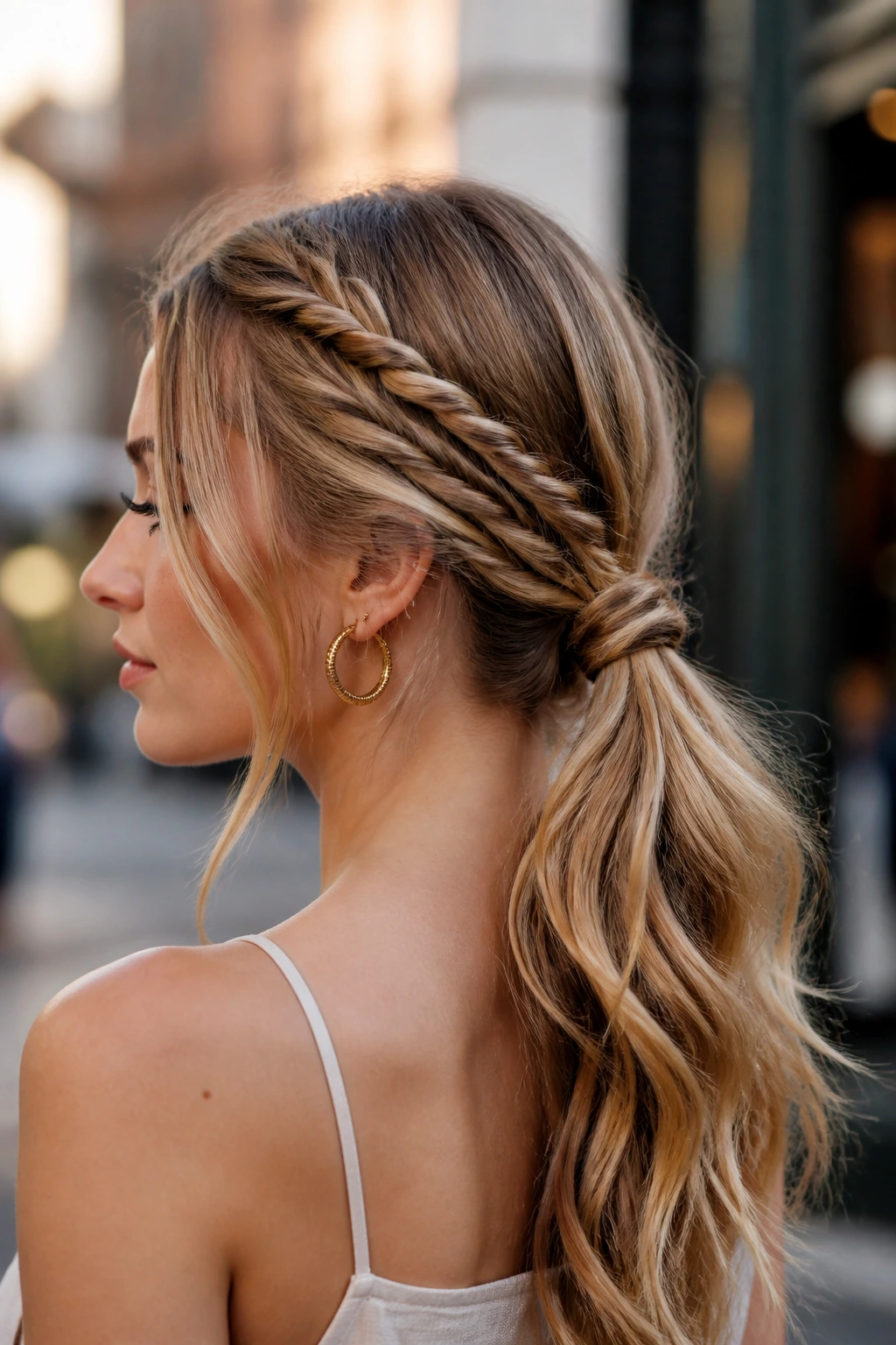 Close-up of a real woman with rope braid ponytail in an outdoor street setting