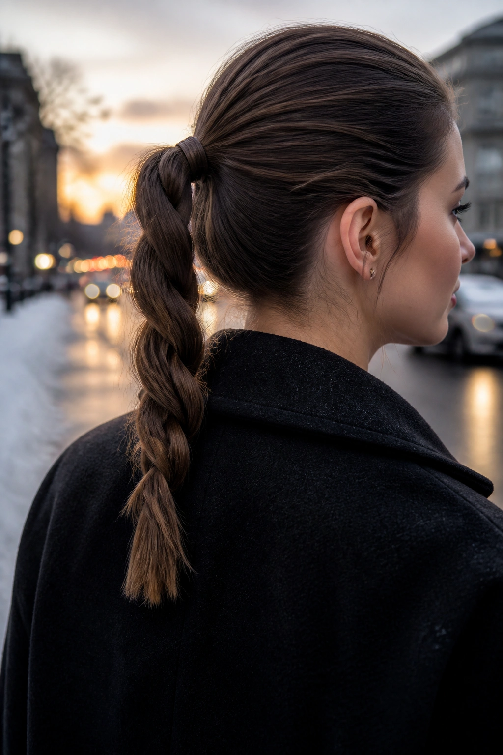 Close-up of brunette woman with rope braid ponytail against a winter city backdrop