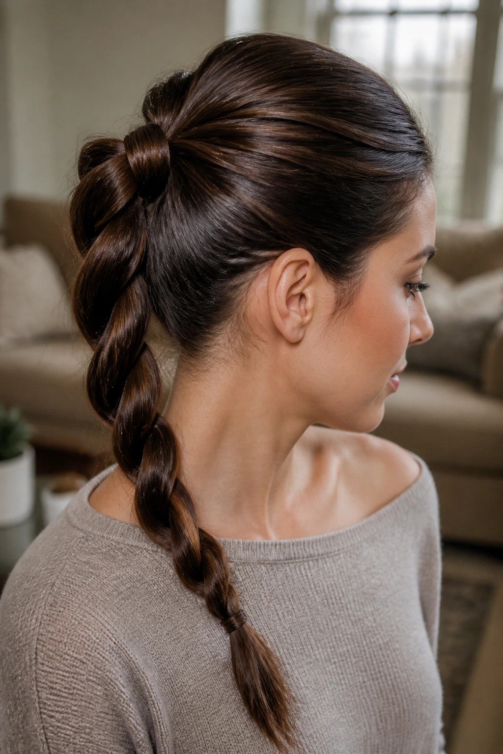 Close-up portrait of a real woman with a rope braid ponytail in soft natural light.