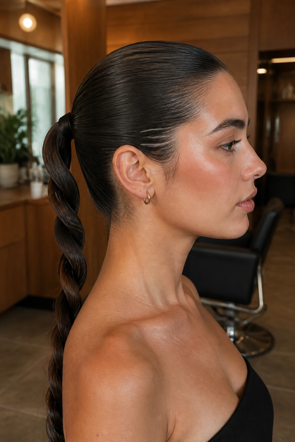 Close-up portrait of a real woman showcasing a rope-braid ponytail at the nape
