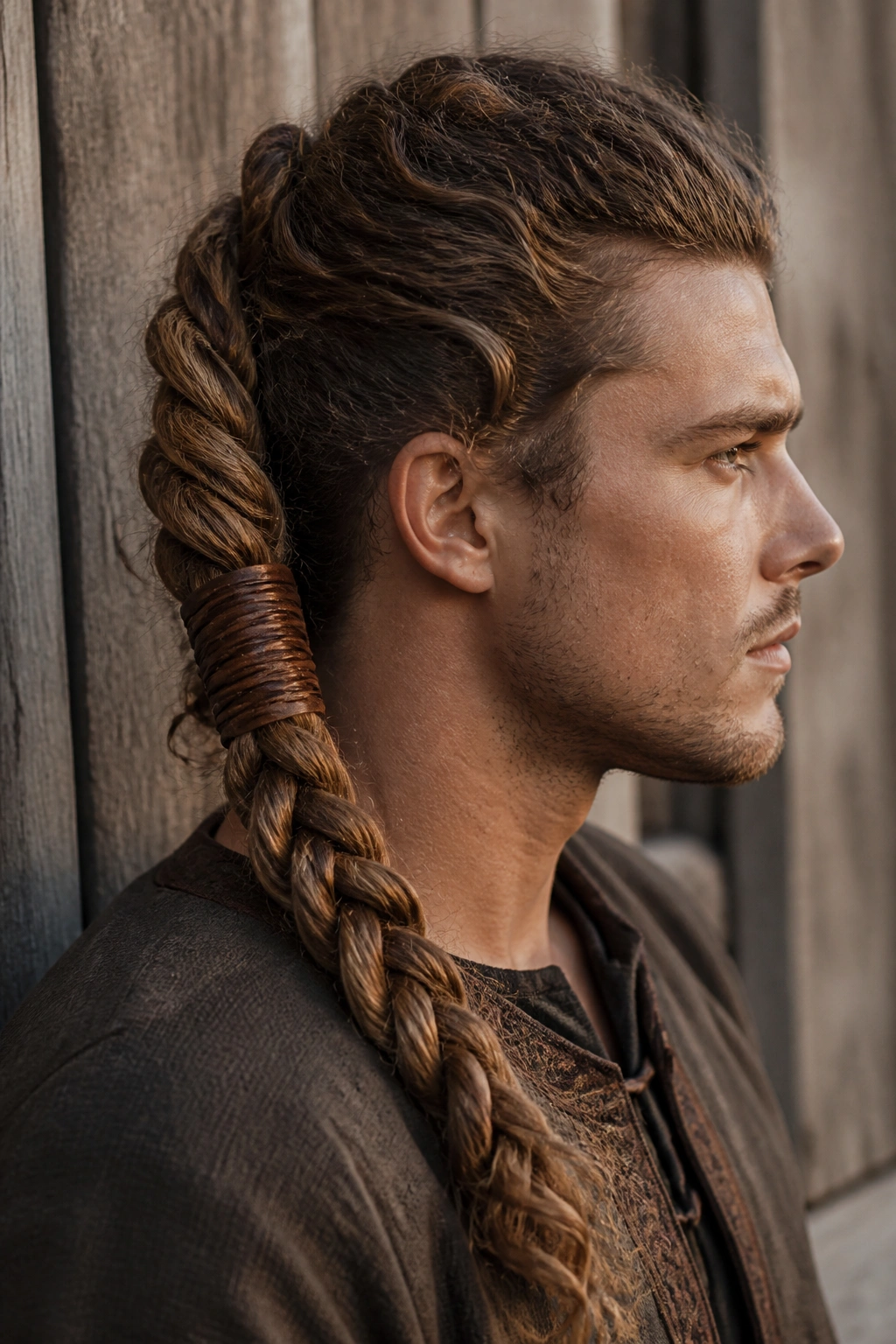 Close-up portrait of a person with a rope-braid ponytail wrapped in leather, Viking-inspired, golden hour light.