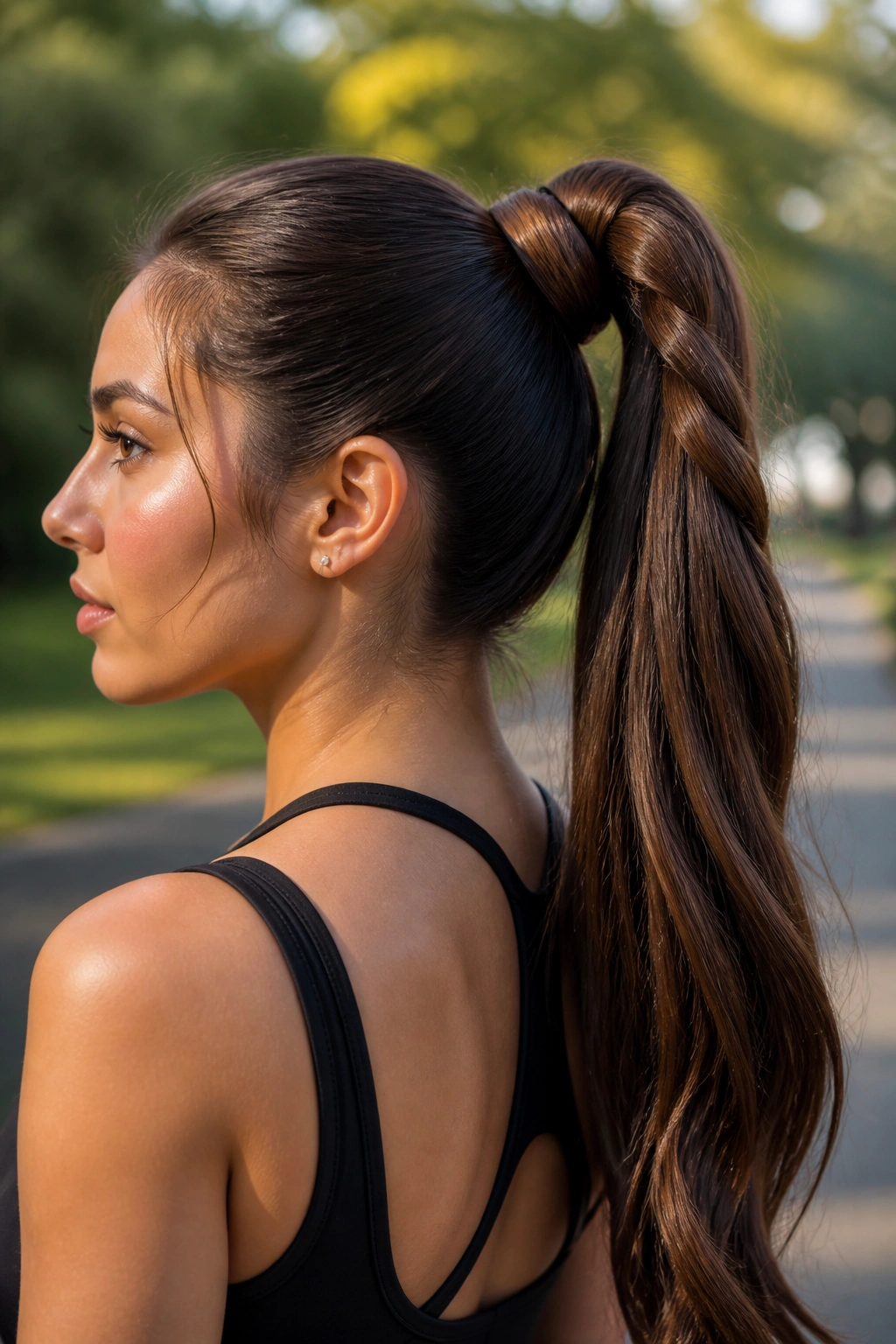 Medium close-up of a woman with a rope braid high ponytail in an outdoor park