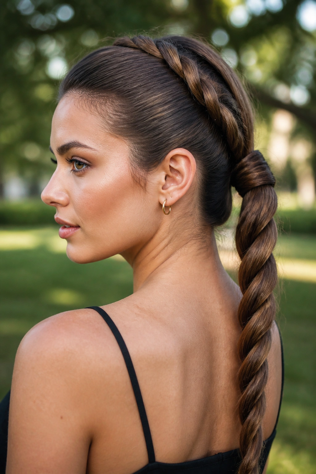 Close-up of a rope braid wrapped into a ponytail on a real person outdoors.