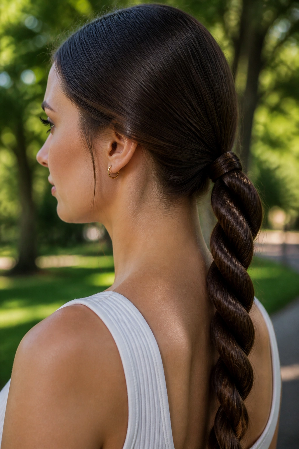 Close-up of a real woman with a rope braid ponytail in a park