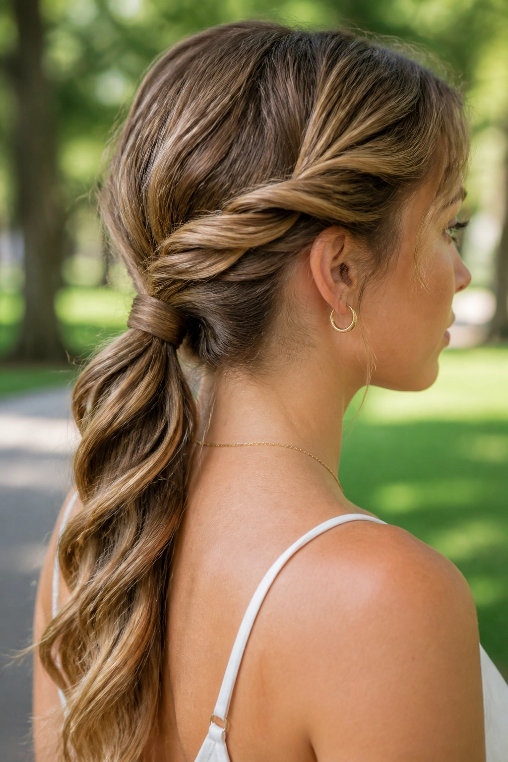 Portrait of a woman with a rope-braid ponytail at the nape in an outdoor setting.