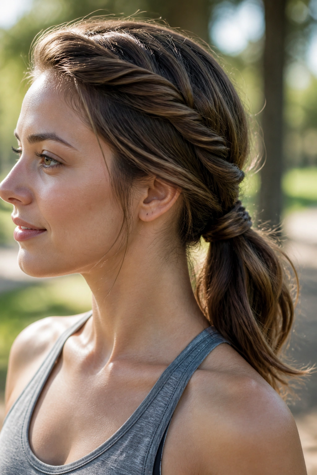 Close-up portrait of a real person with a rope braid low ponytail at the nape