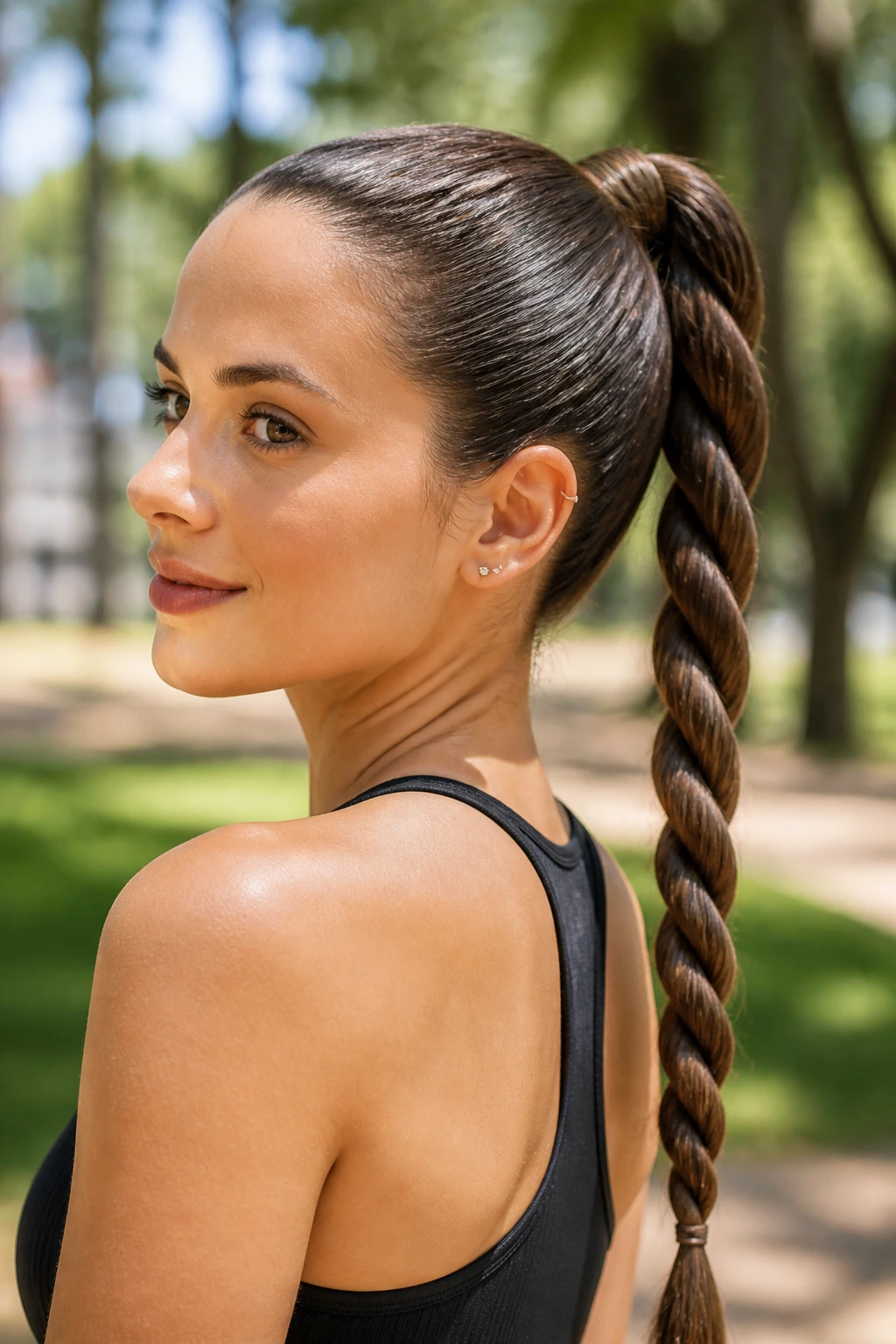 Close-up of a real woman with a rope-braid ponytail in a sunlit outdoor setting