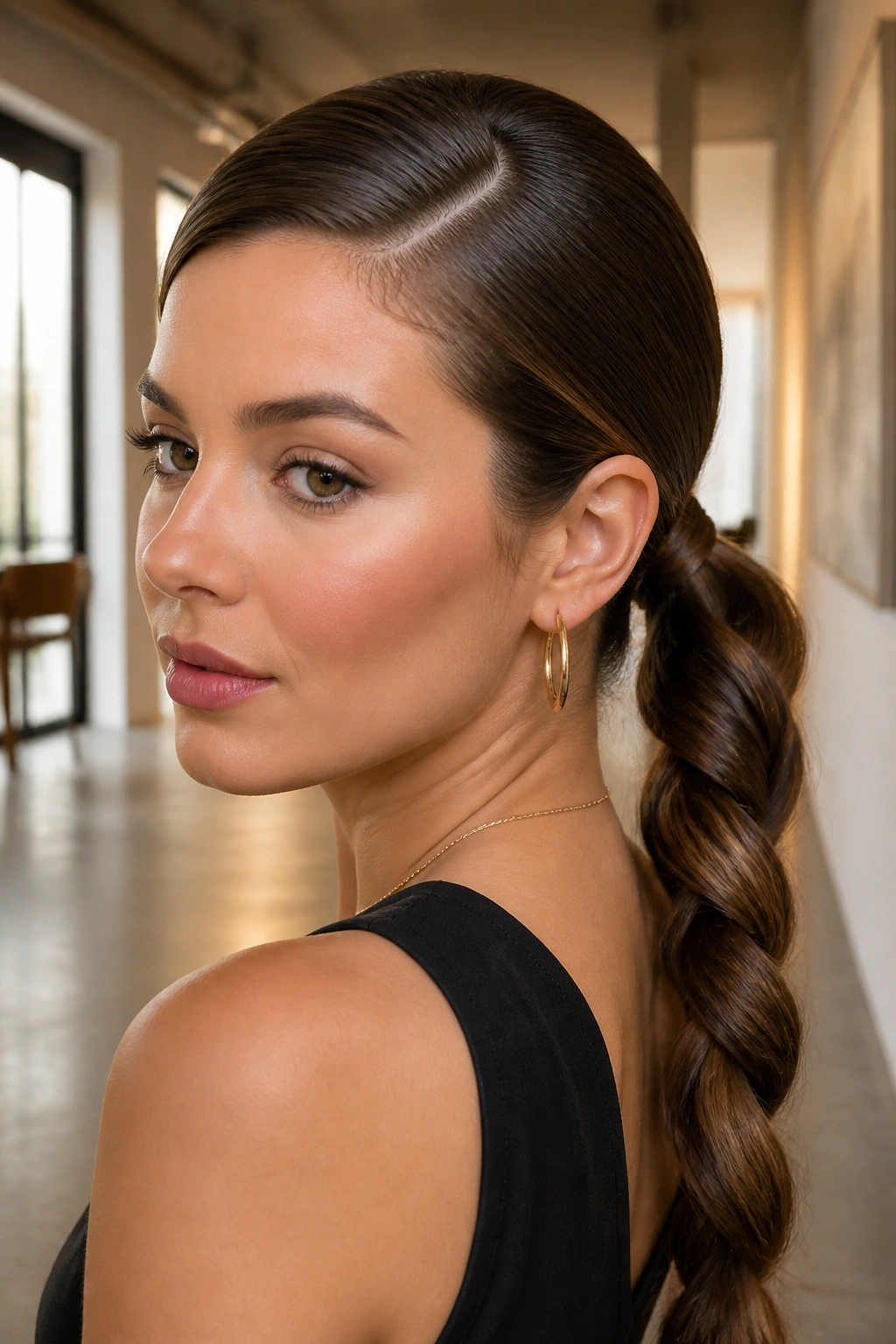 Real woman with side-part rope-braid ponytail
