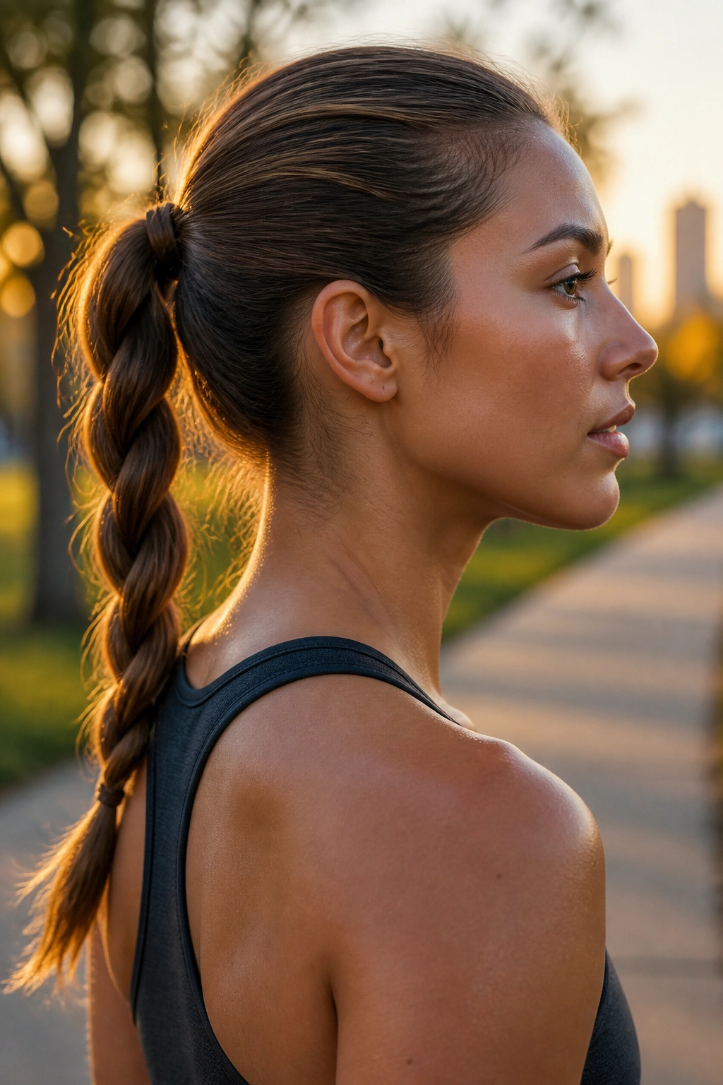 Close-up of a real woman with a rope-braid ponytail