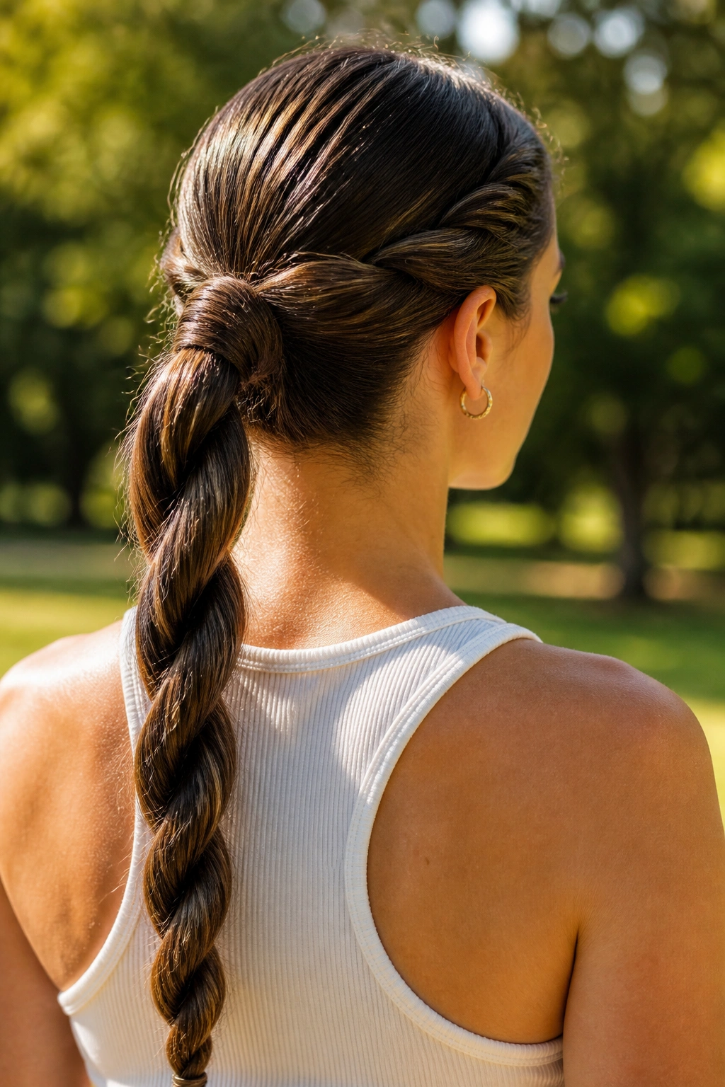 Close-up of a real woman with a rope braid ponytail from the back view.