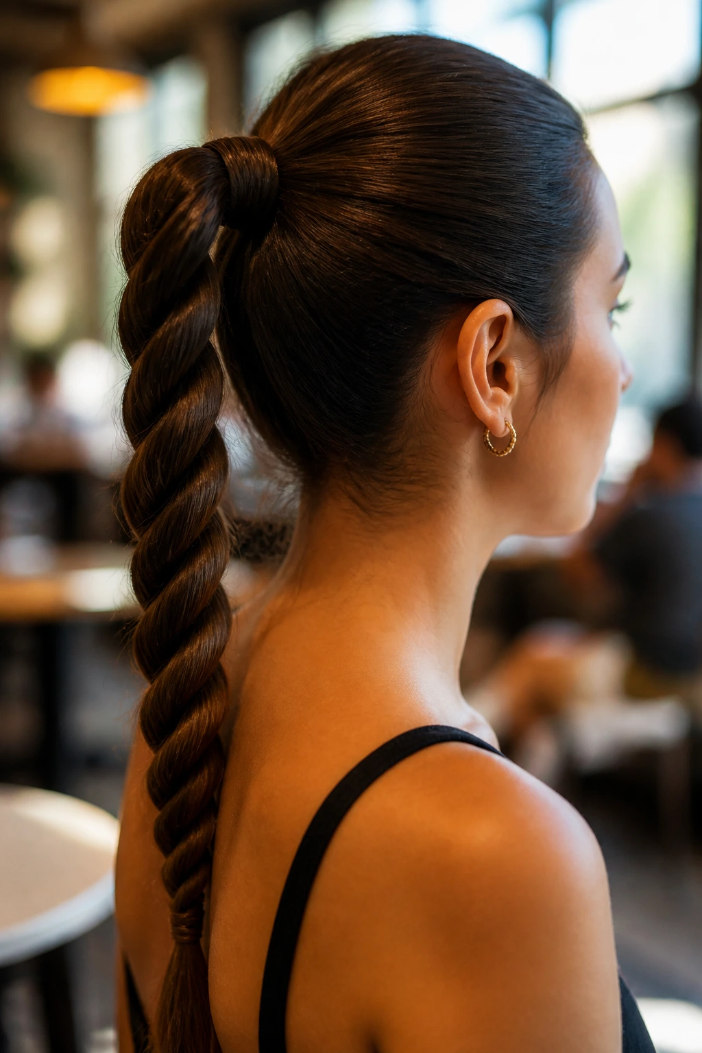 Close-up of a real woman's rope-braid ponytail high on the head
