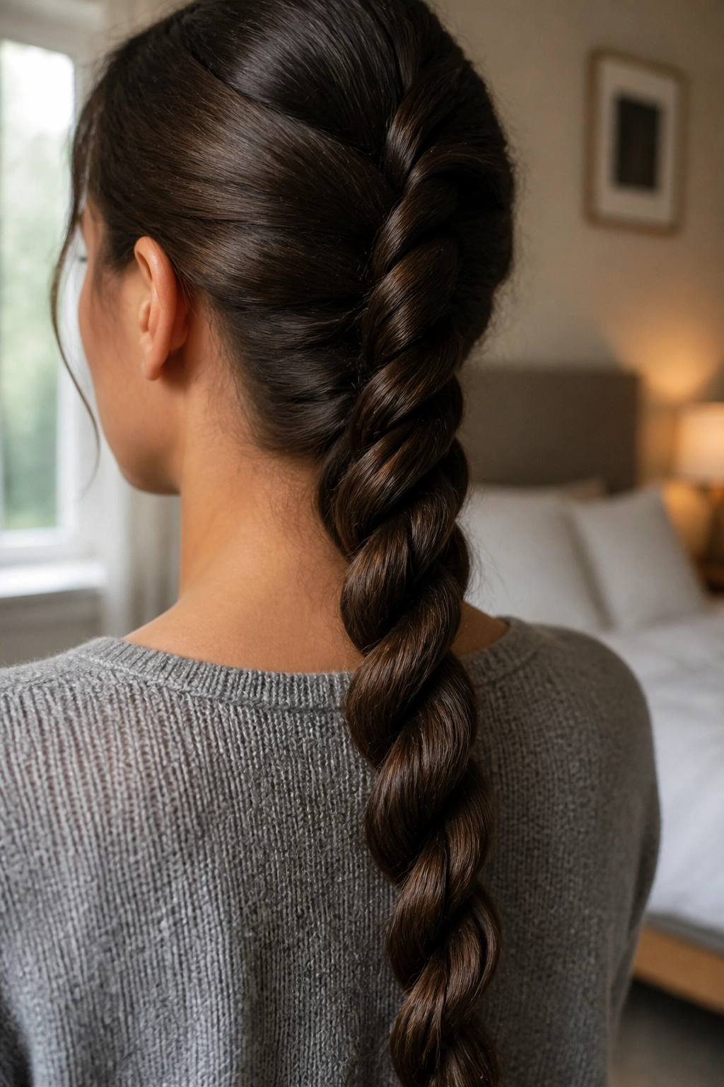 Close-up of a real woman's rope braid in a cozy bedroom setting