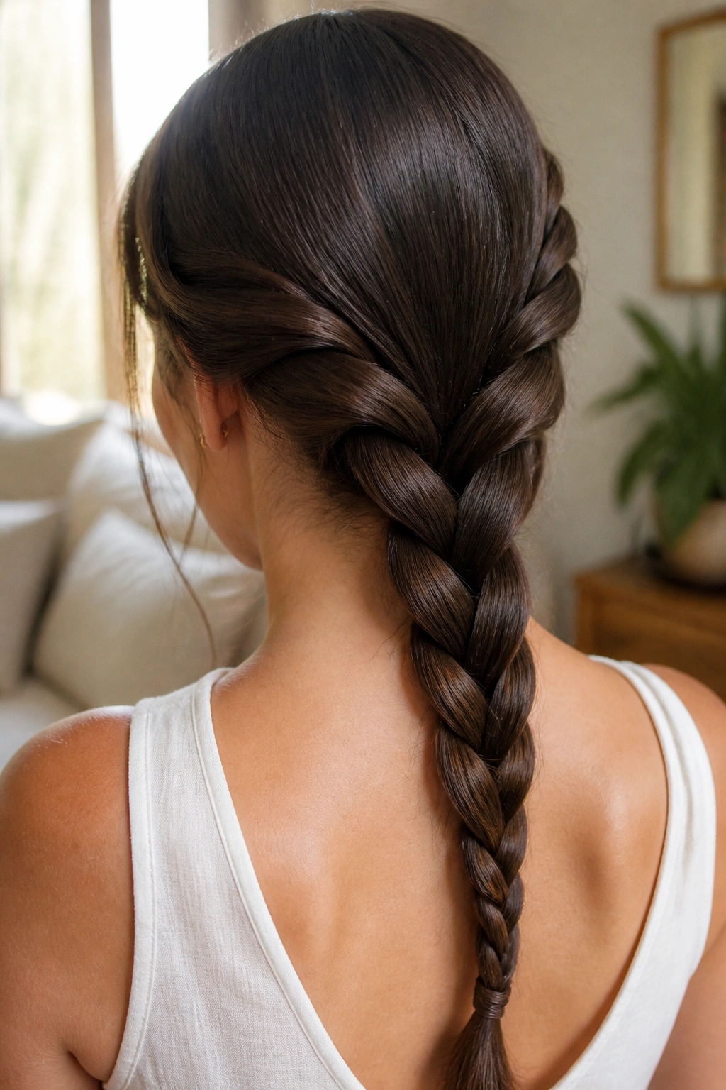 Close-up of a real person's rope braids emphasized on smooth hair