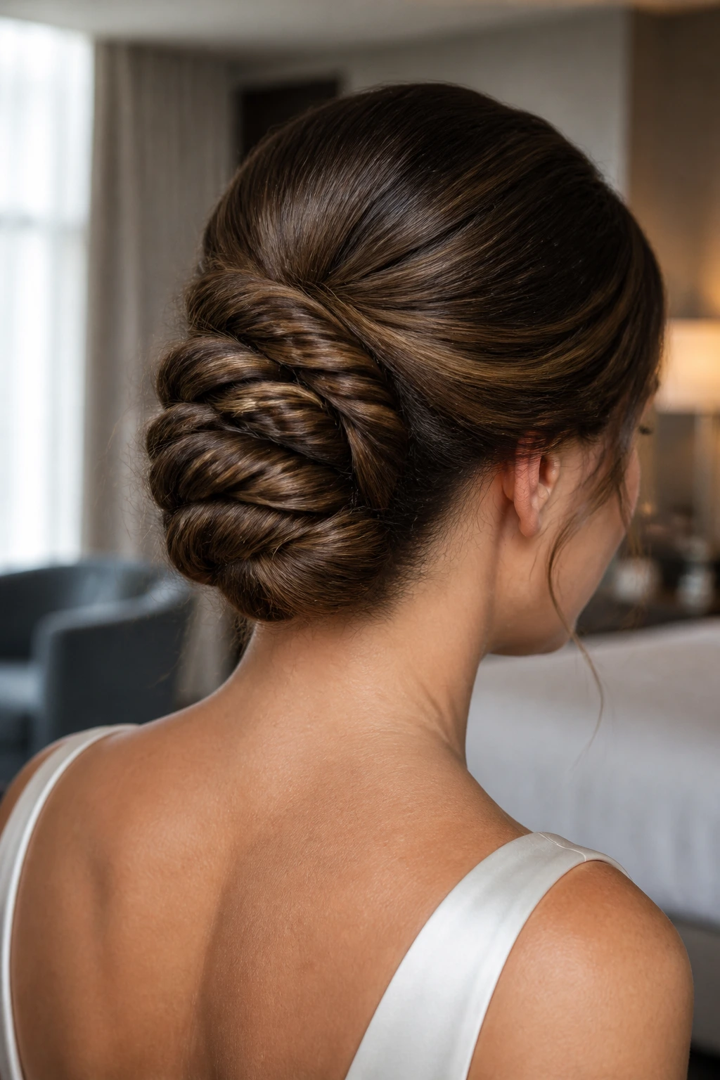 Back/side view of a real woman with a rope-braid roll, sleek textured back