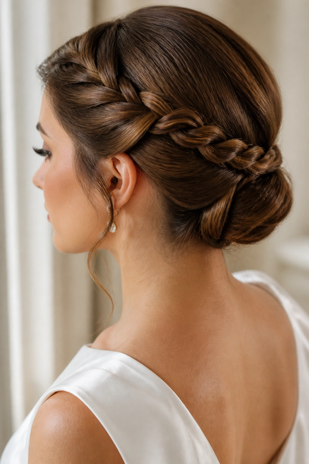 Close-up of real bride with rope-braid roll for satin dress