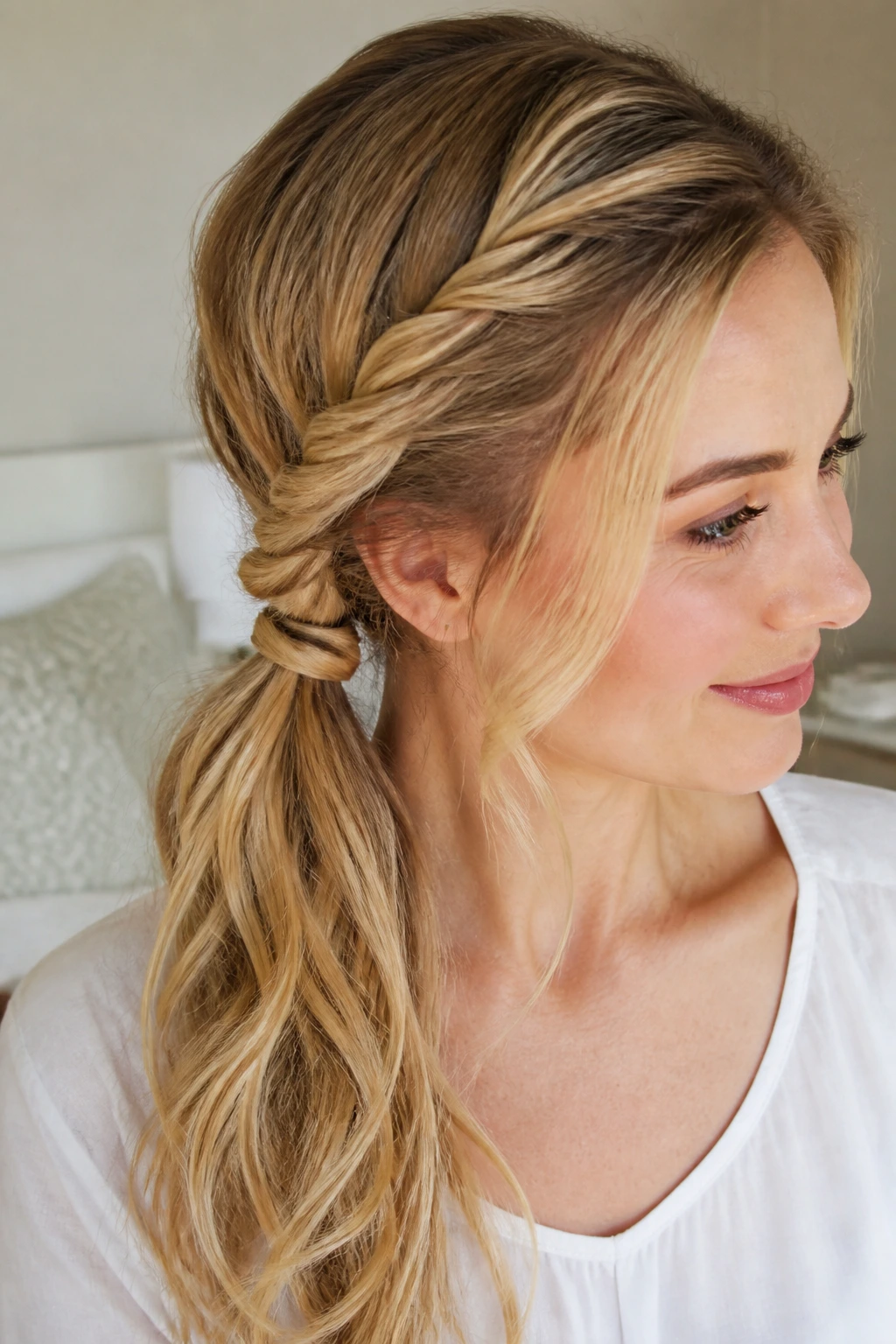 Close-up of a real woman with a rope braid side ponytail in bright interior