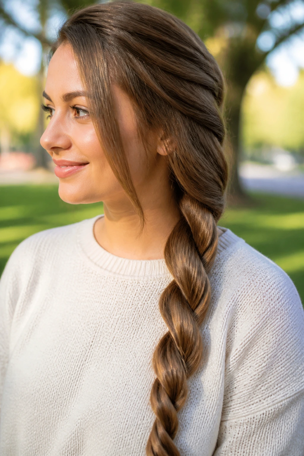 Close-up of a real woman with a side rope braid over her shoulder