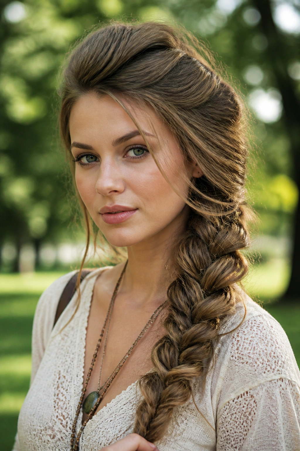 Close-up of a woman with a side-swept rope braid and volume
