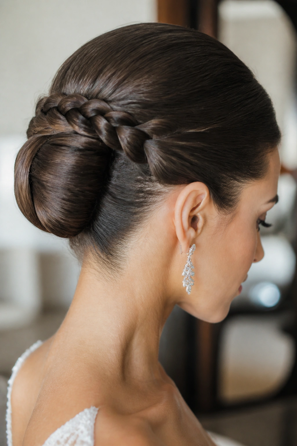 Real bride with rope braid wrapped chignon and sharp edge.