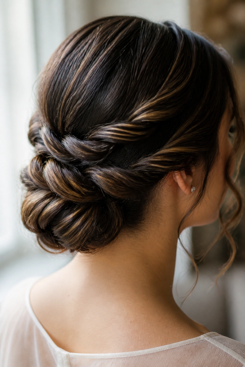 Close-up of a real woman with a rope-braided bun