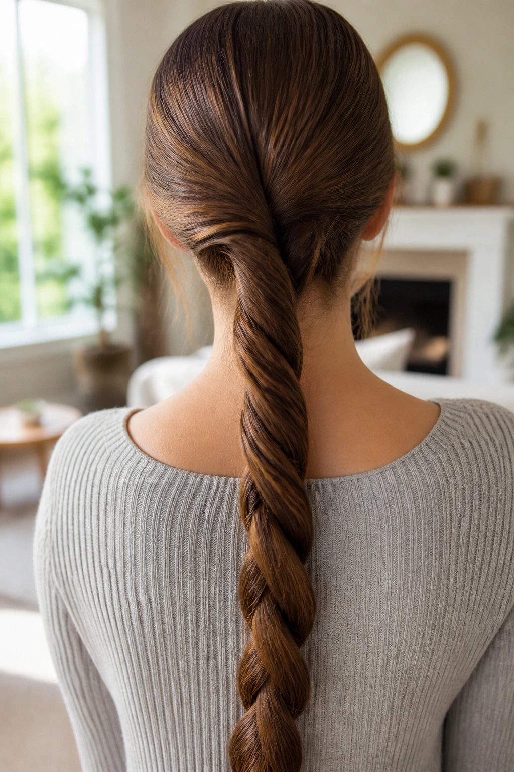 Back-of-head close-up real woman with rope plait at the nape