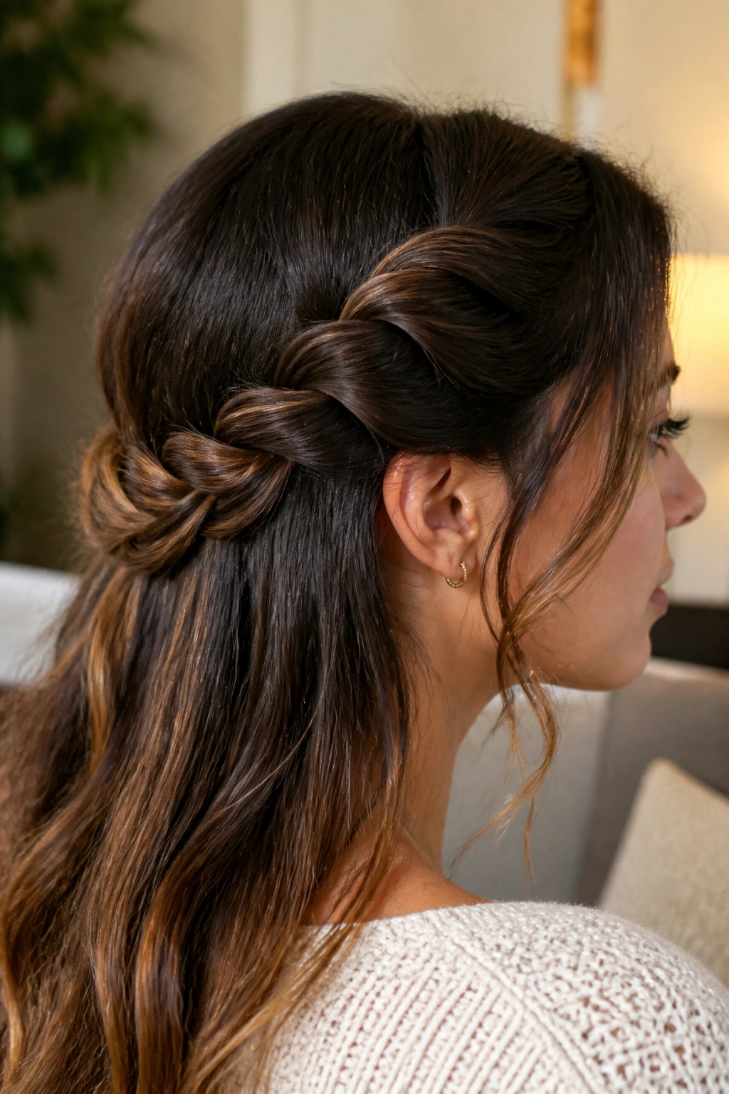 Close-up of a real woman with a rope twist braid along the side of her head.