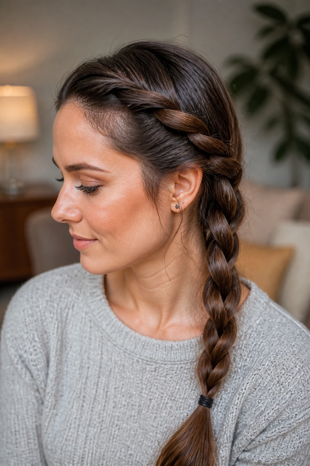 Close-up of a real woman with a rope twist braid