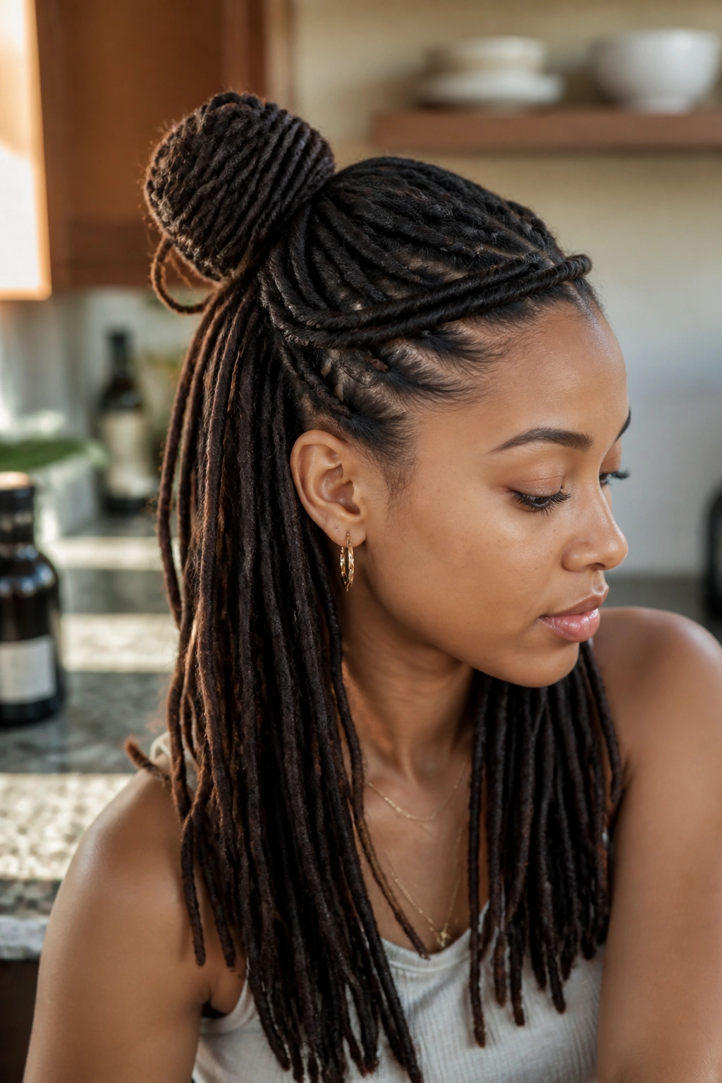 Close-up of a real woman showing rope-twist half-up bun at back crown