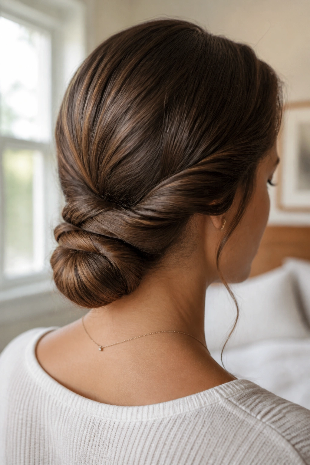 Close-up portrait of a woman with a rope-twist low bun at the nape in warm window light